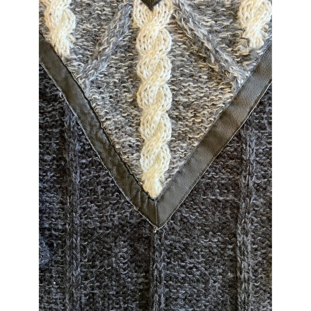 Vintage Front Line Chunky Cable Knit Crew Neck Sweater Leather Trim 80s Medium - Picture 2 of 6